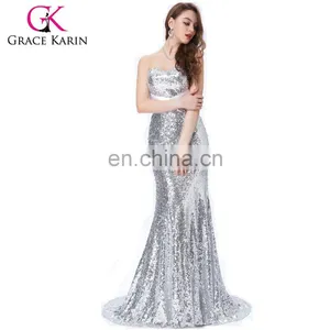 Grace Karin Strapless Sweetheart Neckline Long Mermaid Women's Special Occasion Sexy Silver Prom Dresses CL4409-4 thumbnail-1