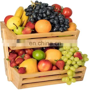 2-Tier Bamboo Fruit Basket Countertop Holder Tray Bread Vegetable Rack Stand Holder Wedding Wooden Fruit Basket Decoration thumbnail-1