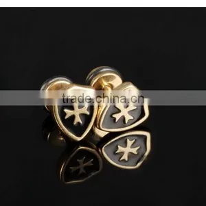 Men's Titanium Steel Stud Earrings Golden Shield Cross Mini Earrings Punk Style Design thumbnail-2