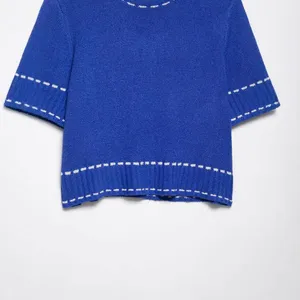 Summer New Versatile Women's Clothing With Contrasting Color Stitching and Round Neck Short Sleeved Knitted Top thumbnail-2