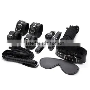 2016 Top Selling Fetish Leather Male Bondage Flirt 7 Sets in 1 Handcuffs Legcuffs Gag Eye Patch Whip Rope Collar Adult Games Toy thumbnail-2