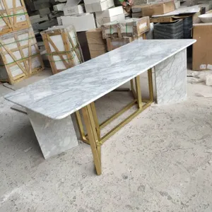 Modern Design Style Rectangular Shape Stone Marble Dining Table Tops Golden Stainless Steel Pedestal Base for Decoration thumbnail-1