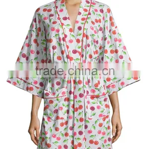 Wholesale Cheap Lovely Sweet Womens Cherry Printed Cotton Spandex Jersey Kimono Short Robe thumbnail-1
