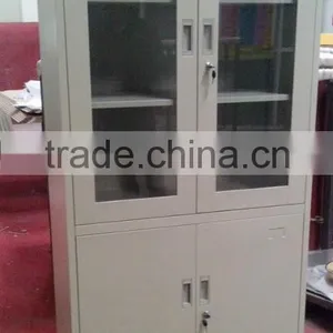 Steel Book Cabinet With Glass Doors and Wood Surface Display Cupboard thumbnail-2