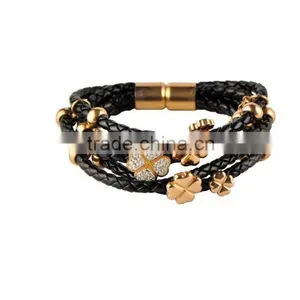 Charm Stainless Steel Black Leather Bangle Gold Plating 316L Leather Bracelet With Gold Ball and Flowers thumbnail-1