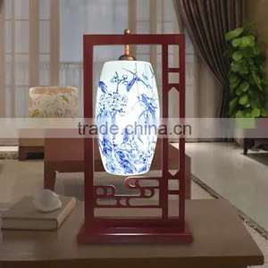Jingdezhen Handmade Blue and White Ceramic Wood Base Table Lamp thumbnail-1