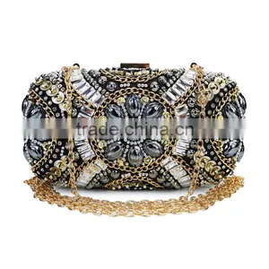 Fashion Classic Design Embroidery Flowers Party Black Diamond Clutch Evening Bag Shoulder Bag Handbag Ladies Purse(C024) thumbnail-3