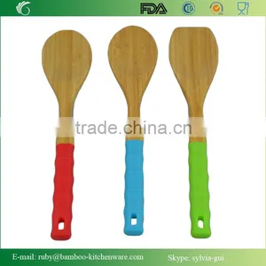 3 Piece Color Silicon Handle Bamboo Wood Kitchen Utensil Food Turner Set thumbnail-1