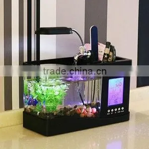 Mini Aquarium Fish Tank Penholder With Desktop LED Clock thumbnail-1