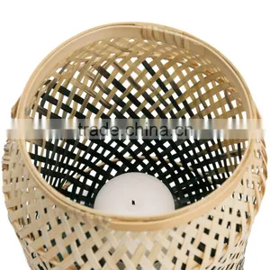 Natural & Grey Green Basket Weave Design, Set of Two 100% Bamboo Lamp Shades Lighting thumbnail-3