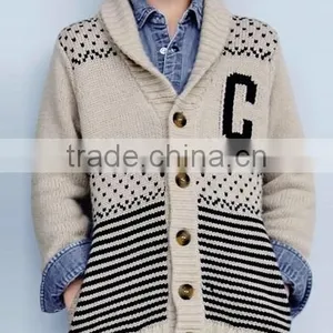 High Quality Boy's Jacquard Chunky Knit Warm Cardigan With Elegant Shawl Collar Off-white Sweater (BKNB01) thumbnail-3