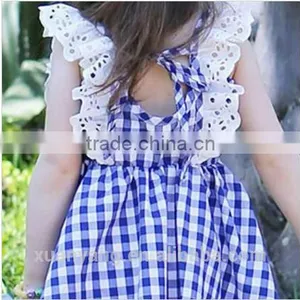 New Arrival Children Clothes Lace Trim Bule Plaid Kids Clothing Wholesale 100%cotton Baby Nice Dress thumbnail-5