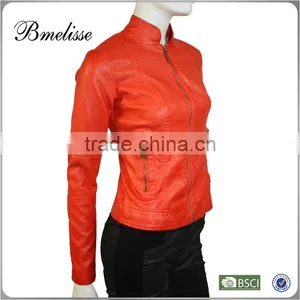 2014-2015 Wholesale Fashion Fake Fur Jacket Stylish Women's Orange Leather Jacket thumbnail-3