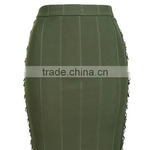 2017 OEM Ladies Fashion Midi Tube Khaki Skirt With Side Metal Detrails thumbnail-5