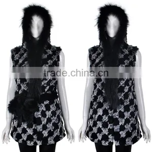 YR262 Real Rabbit Raccoon Fur Hooded Knit Fur Waistcoat thumbnail-3