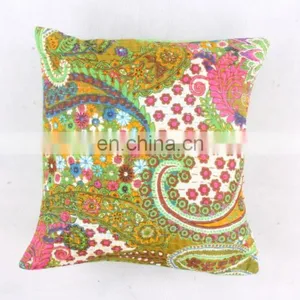 Indian Cotton Handmade Floral Kantha Cushion Cover Kantha Throw Pillow Cover Hand Stitched Kantha Cushion Cover thumbnail-1