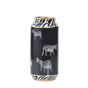 Nordic Style Entry Luxury Black Zebra Painting Cylinder Ceramic Flower Storage Vases With Lid For Home Decoration thumbnail-1
