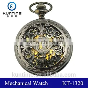 Vintage Pocket Watch Japan Movt Mechanical Pocket Watch Black Metal Suite Gold Analog Digital Movt thumbnail-1