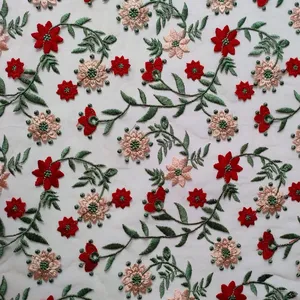 XF6056 Floral Embroidered Fabric Colorful Plants Tulle Embroidery Fabric thumbnail-5