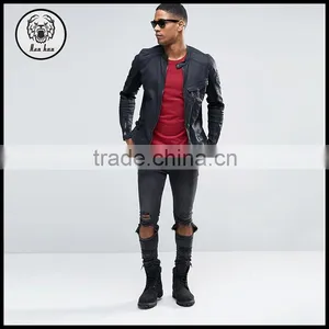 Mens Denim Biker Motorcycle Bomber Slim Fit Black Leather Jacket thumbnail-4