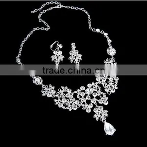 Silver Alloy Rhinestone Earrings Crystal Pendant Necklace Bridal Jewelry Set thumbnail-2
