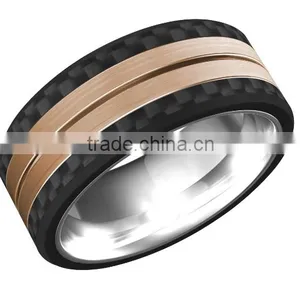 Polished Shiny Rose Gold Plating Tungsten Wedding Bands Ring Inlay Carbon Fiber Rings Bands thumbnail-1