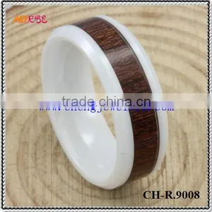 Coffee Color Koa Wood Inlay White Ceramic Rings thumbnail-1