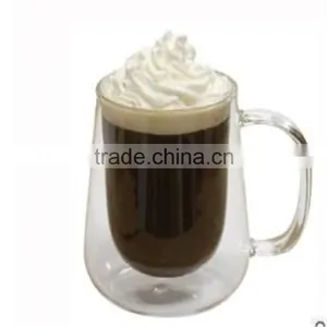 High Quality Blowning Heat Resistant Double Wall Borosilicate Ice-cream Glass Cup Coffee Cup and Beer Cup With Handle ,in Stock thumbnail-1