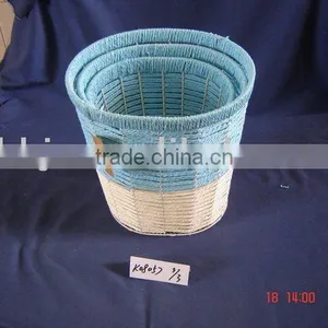 Round Blue and Light Yellow Paper Rope Woven Iron Frame Wastebin Baskets thumbnail-1