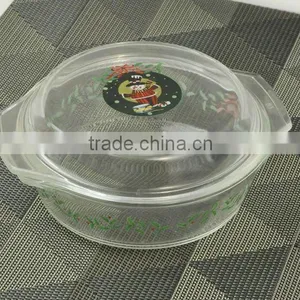 Glass Round Ovenware With Cover, Pyrex Casserole With Decal, Glass Bakeware thumbnail-1