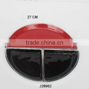 Three Compartment Red and Black Cast Aluminium Enamel Bowl With Food Safe Enamel thumbnail-1