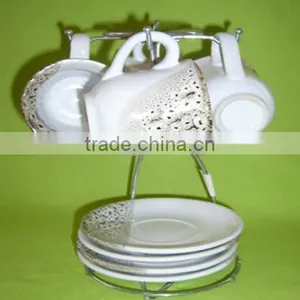 Set of 4 Ceramic Cups Mugs and Saucer Set With Metal Stand thumbnail-1
