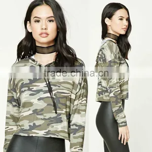 Pullover Hoodie Manufacturers, 95% Rayon 5% Spandex Long Dolman Sleeves Camo Print Cropped Hoodie Ladies thumbnail-1