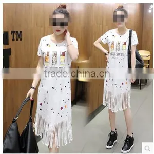 Guangzhou Wholesale Clothing OEM Black Print Short Sleeve Midi Tassels Dress thumbnail-2
