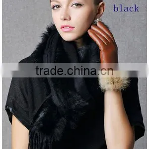 CX-B-P-21 Women Fashion Cashmere Pashmina Shawl With Fur Trim thumbnail-6