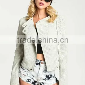 Perforated Bomber PU White Fashion Zipper Long Sleeve Jacket thumbnail-1
