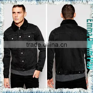 Black Mens Fleece Collar Fitted Denim Jacket for Chilly Winter thumbnail-3