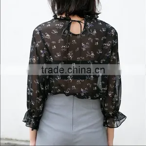 2017 Fashion Womens Puff Sleeve Chiffon Printed Blouse Designs Ladies Fashion Elegant Shirts Blouse thumbnail-2