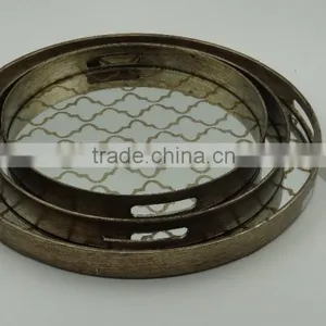 Antique Painted Round Wooden Mirror Tray With 2 Colors thumbnail-2