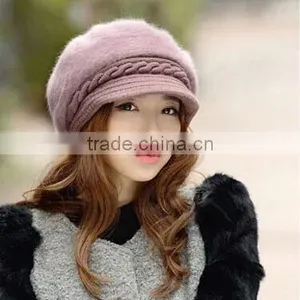 4 Colors Available Warm Knit Winter Wool Rabbit Fur Women Hat Beret Stock thumbnail-3