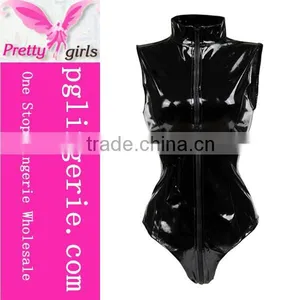 Fashion Stretchy Faux Leather Jumpsuit Zipper Front Catsuit Cosplay Costumes Black Playsuit thumbnail-1