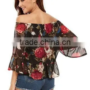 Women's Casual Floral Off Shoulder Chiffon Blouse Top thumbnail-2
