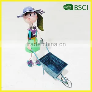 Metal Girl Doll With Cart Flower Pot for Garden Decoration thumbnail-1