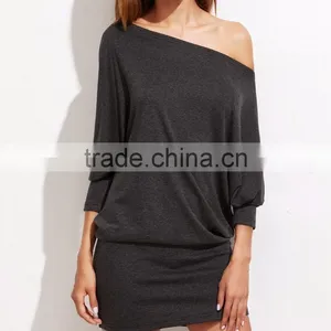 Off Shoulder Blouson Dress Women Long Sleeve Autumn Winter Grey Sexy Party Mini Dresses Women Vestidos thumbnail-2