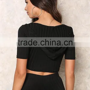 MGOO High Quality Black Ribbed Hood Tops Sleeveless Cropped Tops And Legging For Running Tracksuits Plain Basic thumbnail-6