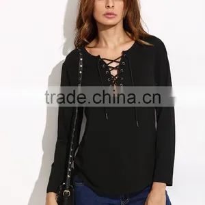 Black V Neck Lace Up Curved Hem T-shirt thumbnail-2