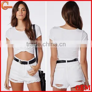 Plain Fashion Cap Sleeve Round Neck Knot Front Wihte Blouse thumbnail-1