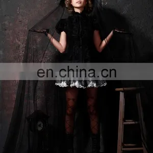 Gothic Short Sleeves Lace Top With High Collar thumbnail-4