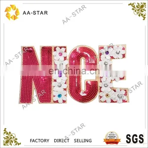"NICE" Sew on Embroidery Letter Patches for Hat With Red Sequins and White Flowers thumbnail-1