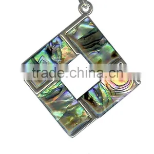 Hibiscus Colorful Flower Carved Abalone Shell Pendant Silver Necklace thumbnail-1